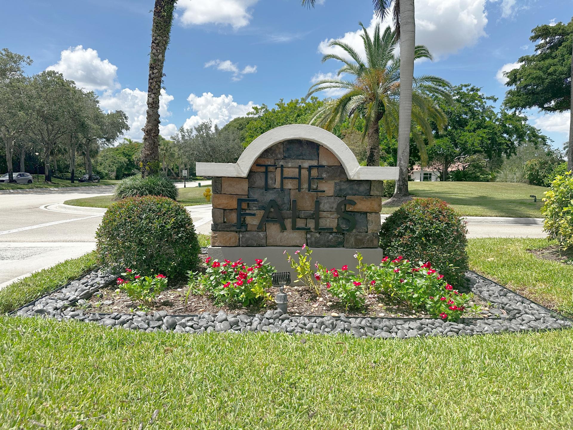 The Falls neighborhood entrance sign in Heron Bay, Coral Springs, Florida