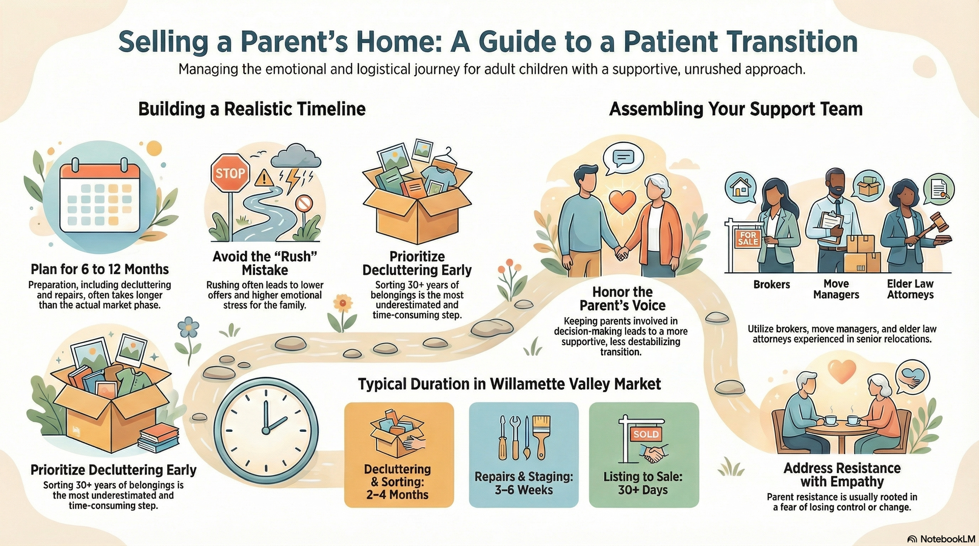 Infographic titled 'Selling a Parent's Home: A Guide to a Patient Transition' showing timeline phases and support team roles for adult children navigating a parent's home sale in the Willamette Valley Infographic titled 'Selling a Parent's Home: A Guide to a Patient Transition' showing timeline phases and support team roles for adult children navigating a parent's home sale in the Willamette Valley
