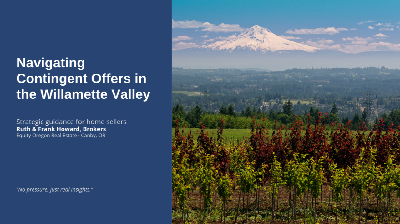Willamette Valley home with "For Sale" sign, representing a seller weighing a contingent offer Willamette Valley home with "For Sale" sign, representing a seller weighing a contingent offer