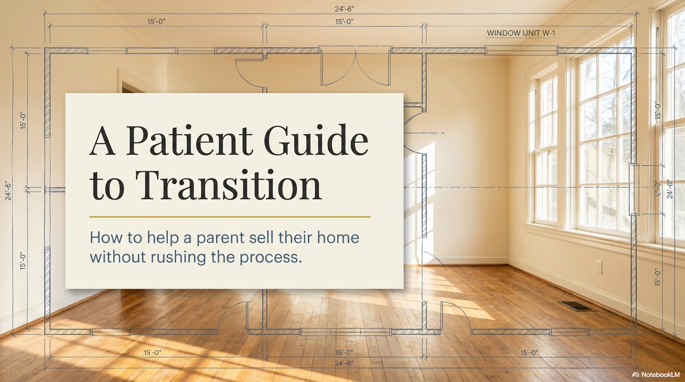 Cover image titled 'A Patient Guide to Transition' with the subtitle 'How to help a parent sell their home without rushing the process,' overlaid on a bright, empty living room with hardwood floors and large windows. Cover image titled 'A Patient Guide to Transition' with the subtitle 'How to help a parent sell their home without rushing the process,' overlaid on a bright, empty living room with hardwood floors and large windows.
