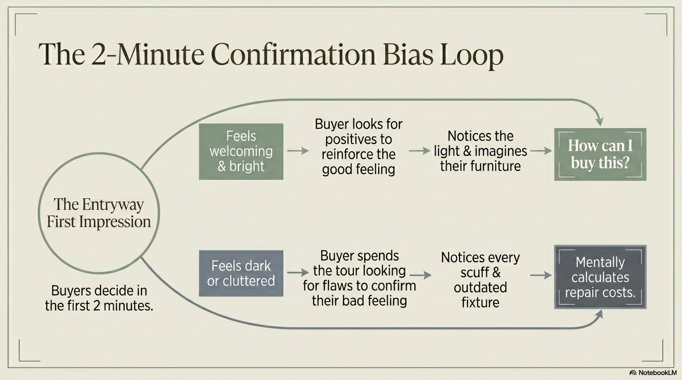 Flowchart showing the 2-minute confirmation bias loop — how a positive or negative first impression shapes a buyer's entire showing experience Flowchart showing the 2-minute confirmation bias loop — how a positive or negative first impression shapes a buyer's entire showing experience