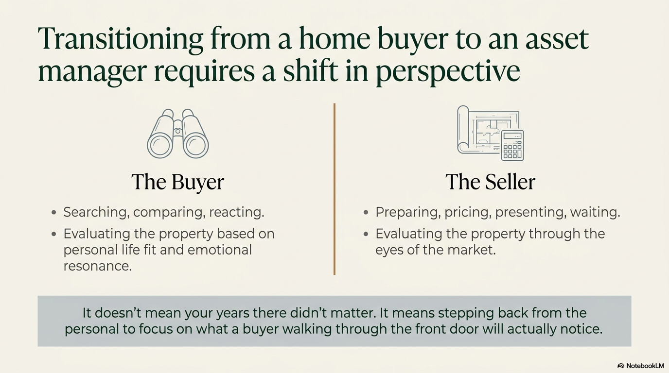Comparison of the buyer mindset versus the seller mindset — searching and reacting versus preparing, pricing, and presenting through the eyes of the market — from The First-Time Seller's Field Guide by Your Howard Team Comparison of the buyer mindset versus the seller mindset — searching and reacting versus preparing, pricing, and presenting through the eyes of the market — from The First-Time Seller's Field Guide by Your Howard Team