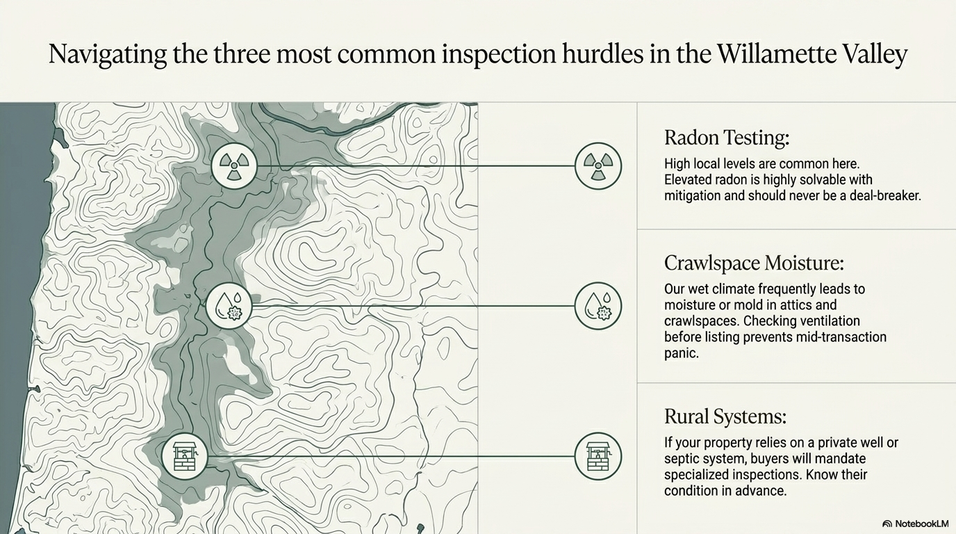 Map of the Willamette Valley highlighting three common inspection hurdles for Oregon home sellers — radon testing, crawlspace moisture, and well and septic systems — from The First-Time Seller's Field Guide by Your Howard Team Map of the Willamette Valley highlighting three common inspection hurdles for Oregon home sellers — radon testing, crawlspace moisture, and well and septic systems — from The First-Time Seller's Field Guide by Your Howard Team