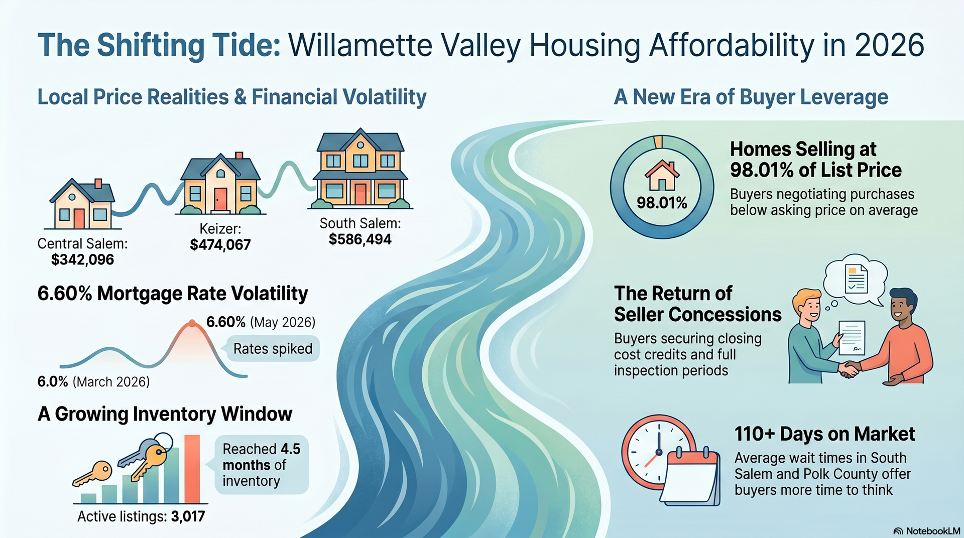 Infographic summarizing Willamette Valley housing affordability in 2026, including local price realities, mortgage rate volatility, inventory levels, and buyer leverage data — sourced from WVMLS, RMLS, and Mortgage News Daily Infographic summarizing Willamette Valley housing affordability in 2026, including local price realities, mortgage rate volatility, inventory levels, and buyer leverage data — sourced from WVMLS, RMLS, and Mortgage News Daily