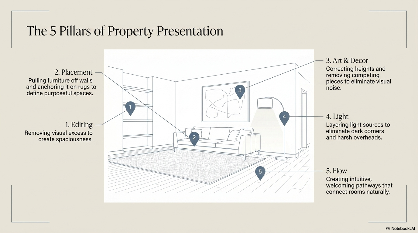 Illustrated diagram of the five pillars of property presentation — editing, placement, art and decor, light, and flow — by Your Howard Team Illustrated diagram of the five pillars of property presentation — editing, placement, art and decor, light, and flow — by Your Howard Team