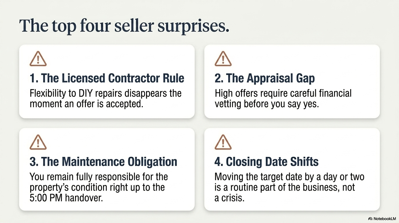 The top four seller surprises in an Oregon home sale — the licensed contractor rule, the appraisal gap, the maintenance obligation, and closing date shifts — by Your Howard Team The top four seller surprises in an Oregon home sale — the licensed contractor rule, the appraisal gap, the maintenance obligation, and closing date shifts — by Your Howard Team