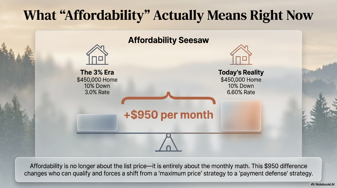 Affordability seesaw comparing a $450,000 home at 3% versus 6.60% interest rate, showing a $950 per month payment difference — NotebookLM illustration Affordability seesaw comparing a $450,000 home at 3% versus 6.60% interest rate, showing a $950 per month payment difference — NotebookLM illustration