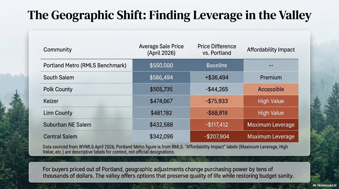 Table comparing average sale prices by Willamette Valley community versus Portland Metro benchmark, April 2026, sourced from WVMLS and RMLS Table comparing average sale prices by Willamette Valley community versus Portland Metro benchmark, April 2026, sourced from WVMLS and RMLS