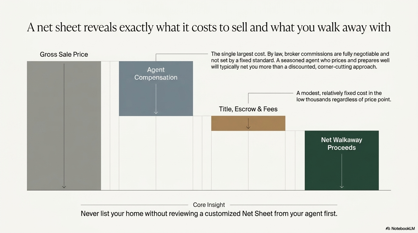 Waterfall chart showing how gross sale price reduces through agent compensation and title and escrow costs to net walkaway proceeds — from The First-Time Seller's Field Guide by Your Howard Team Waterfall chart showing how gross sale price reduces through agent compensation and title and escrow costs to net walkaway proceeds — from The First-Time Seller's Field Guide by Your Howard Team