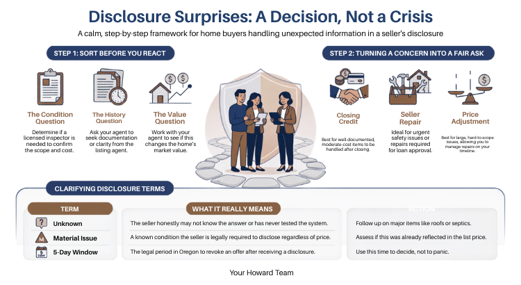 Disclosure Surprises: A Decision, Not a Crisis — a step-by-step framework showing Step 1: sort the question (condition, history, or value) and Step 2: turn a concern into a fair ask (credit, seller repair, or price adjustment), plus a glossary clarifying "Unknown," "Material Issue," and the 5-Day Window Disclosure Surprises: A Decision, Not a Crisis — a step-by-step framework showing Step 1: sort the question (condition, history, or value) and Step 2: turn a concern into a fair ask (credit, seller repair, or price adjustment), plus a glossary clarifying "Unknown," "Material Issue," and the 5-Day Window