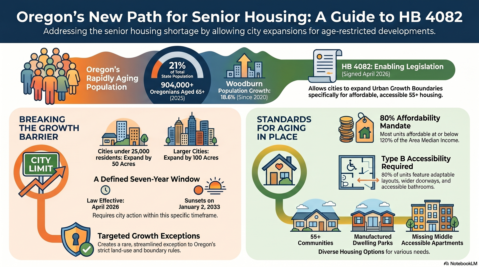 Oregon's New Path for Senior Housing: A Guide to HB 4082 — infographic showing key law provisions including acreage limits, affordability mandate, Type B accessibility requirement, and sunset date, with Willamette Valley context Oregon's New Path for Senior Housing: A Guide to HB 4082 — infographic showing key law provisions including acreage limits, affordability mandate, Type B accessibility requirement, and sunset date, with Willamette Valley context