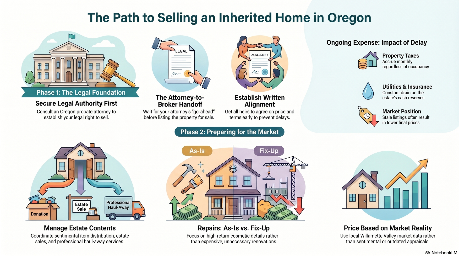 The Path to Selling an Inherited Home in Oregon — a two-phase roadmap showing legal foundation steps and market preparation steps with an ongoing expense panel The Path to Selling an Inherited Home in Oregon — a two-phase roadmap showing legal foundation steps and market preparation steps with an ongoing expense panel