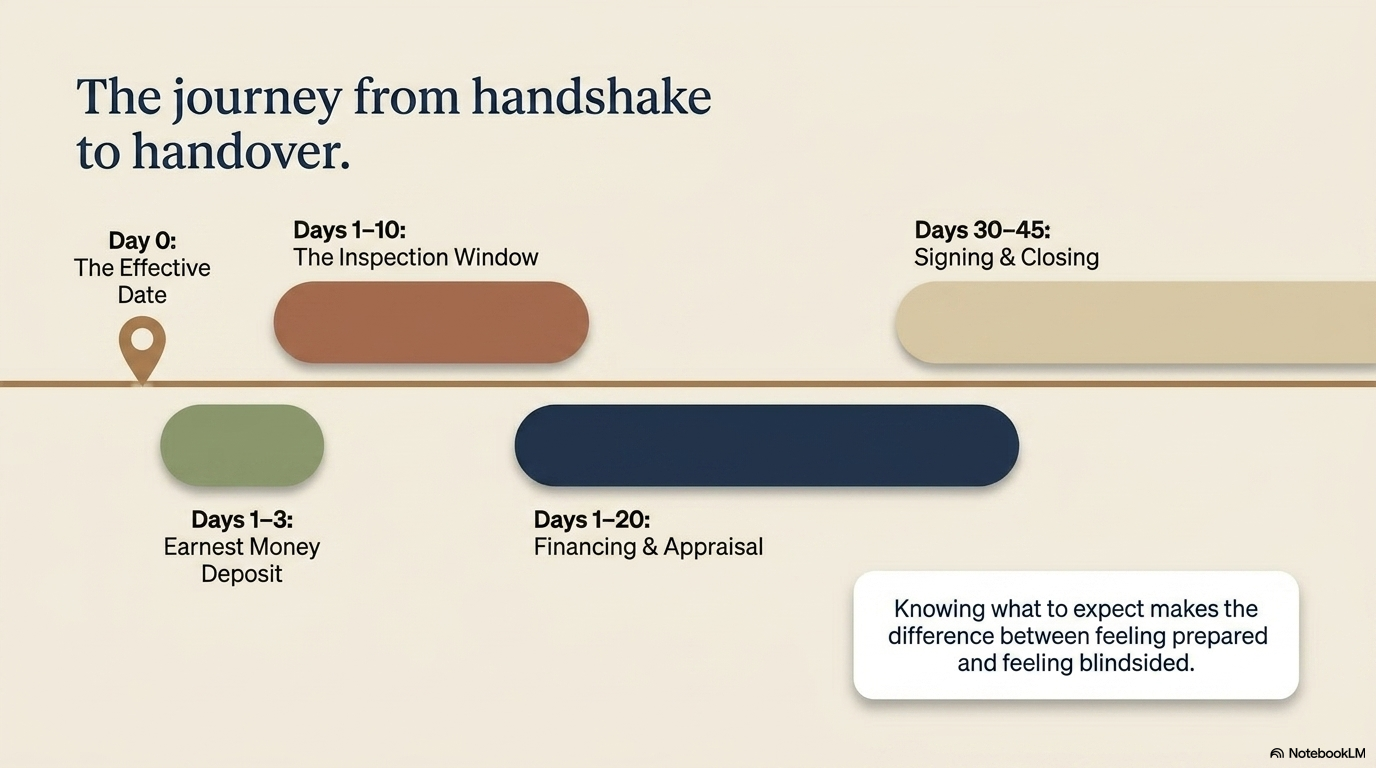 Timeline diagram showing the journey from handshake to handover — earnest money Days 1–3, inspection window Days 1–10, financing and appraisal Days 1–20, and signing and closing Days 30–45, by Your Howard Team Timeline diagram showing the journey from handshake to handover — earnest money Days 1–3, inspection window Days 1–10, financing and appraisal Days 1–20, and signing and closing Days 30–45, by Your Howard Team