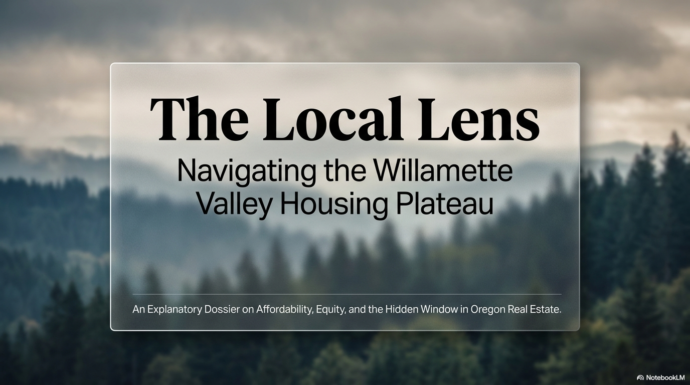 "The Local Lens — Navigating the Willamette Valley Housing Plateau: an explanatory guide to affordability, equity, and the hidden window in Oregon real estate, with a misty Pacific Northwest forest background" "The Local Lens — Navigating the Willamette Valley Housing Plateau: an explanatory guide to affordability, equity, and the hidden window in Oregon real estate, with a misty Pacific Northwest forest background"