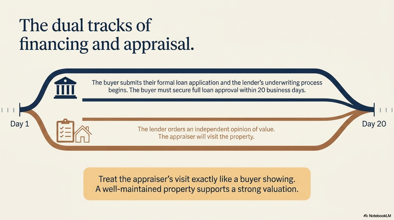 Dual-track diagram showing the parallel timelines of financing and appraisal in an Oregon home sale — loan application through underwriting on one track, appraiser visit and independent valuation on the other, by Your Howard Team Dual-track diagram showing the parallel timelines of financing and appraisal in an Oregon home sale — loan application through underwriting on one track, appraiser visit and independent valuation on the other, by Your Howard Team