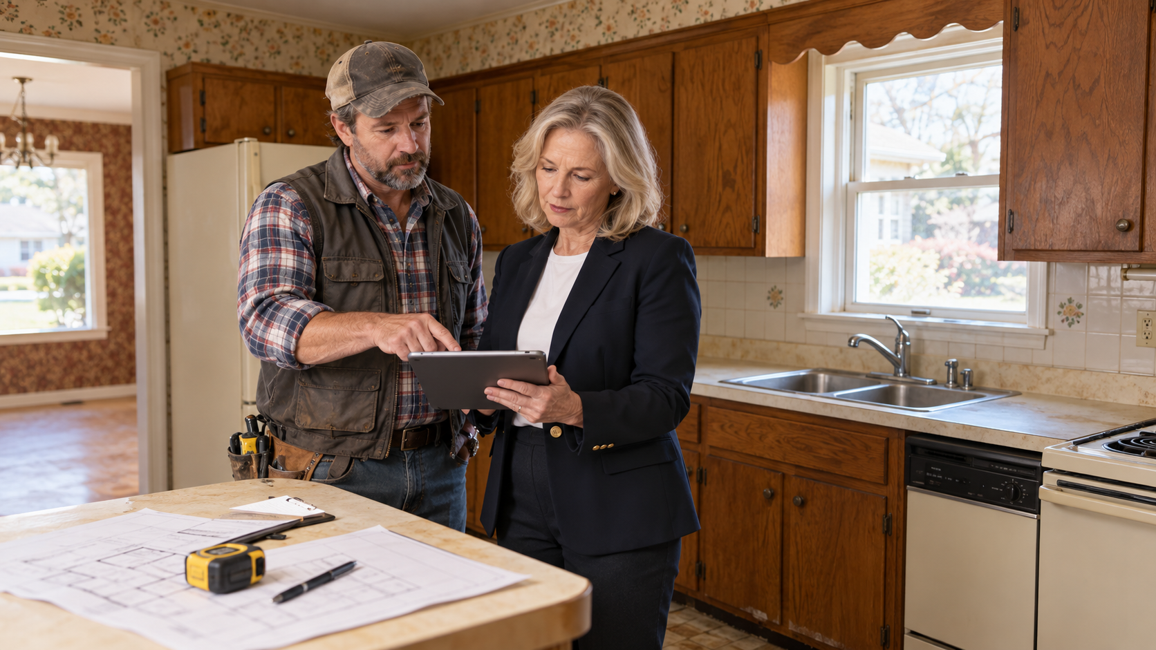 Real estate professional and contractor reviewing renovation options and repair costs inside a dated kitchen before deciding how to prepare a senior's home for sale.