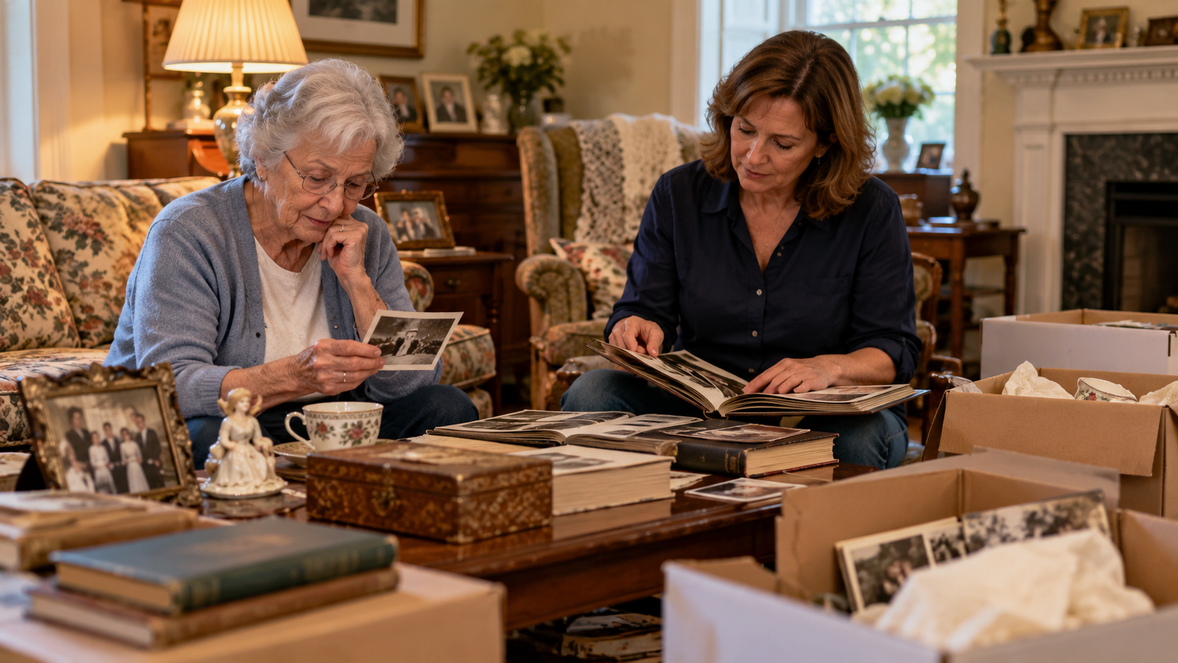 Family members carefully sorting decades of photographs, keepsakes, household belongings, and boxes while helping an aging parent downsize before a move to assisted living.