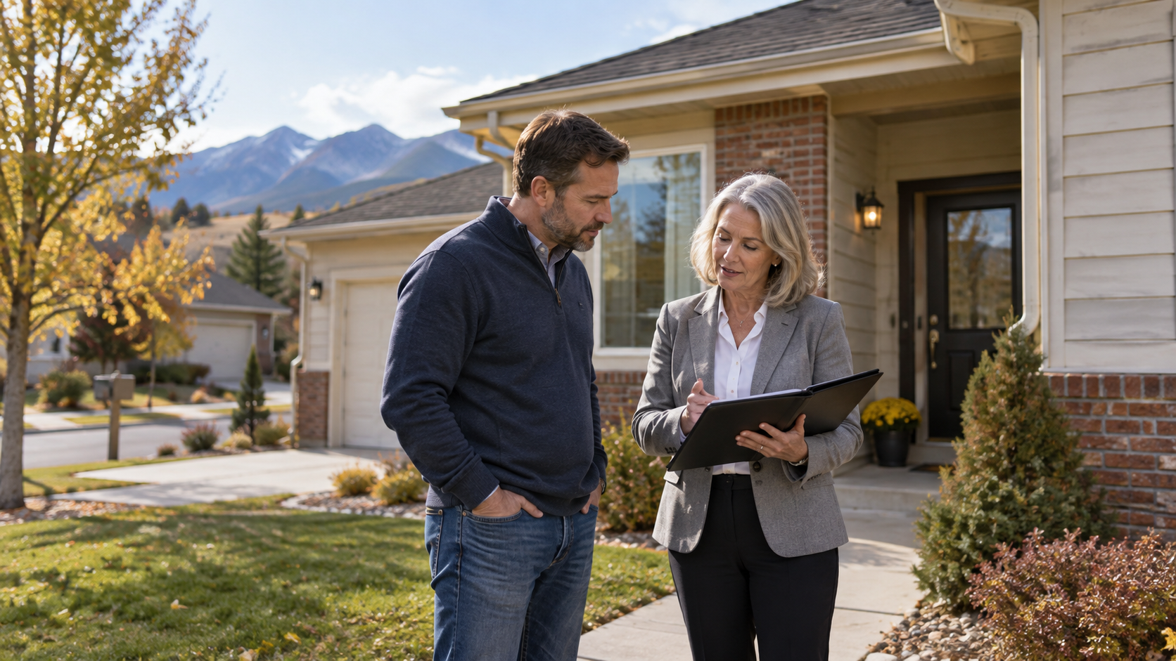 Homeowner and real estate professional standing outside a suburban Colorado home discussing options for using, preparing, or selling the property during a senior transition.