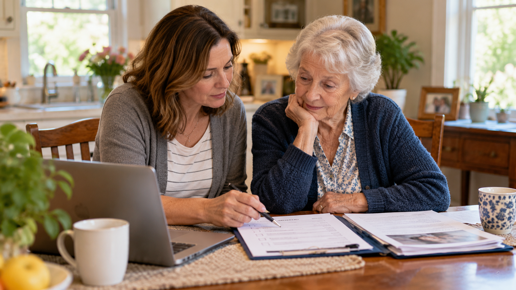 Adult daughter sitting with her elderly mother at a kitchen table reviewing paperwork and planning the next steps for a senior move into assisted living.