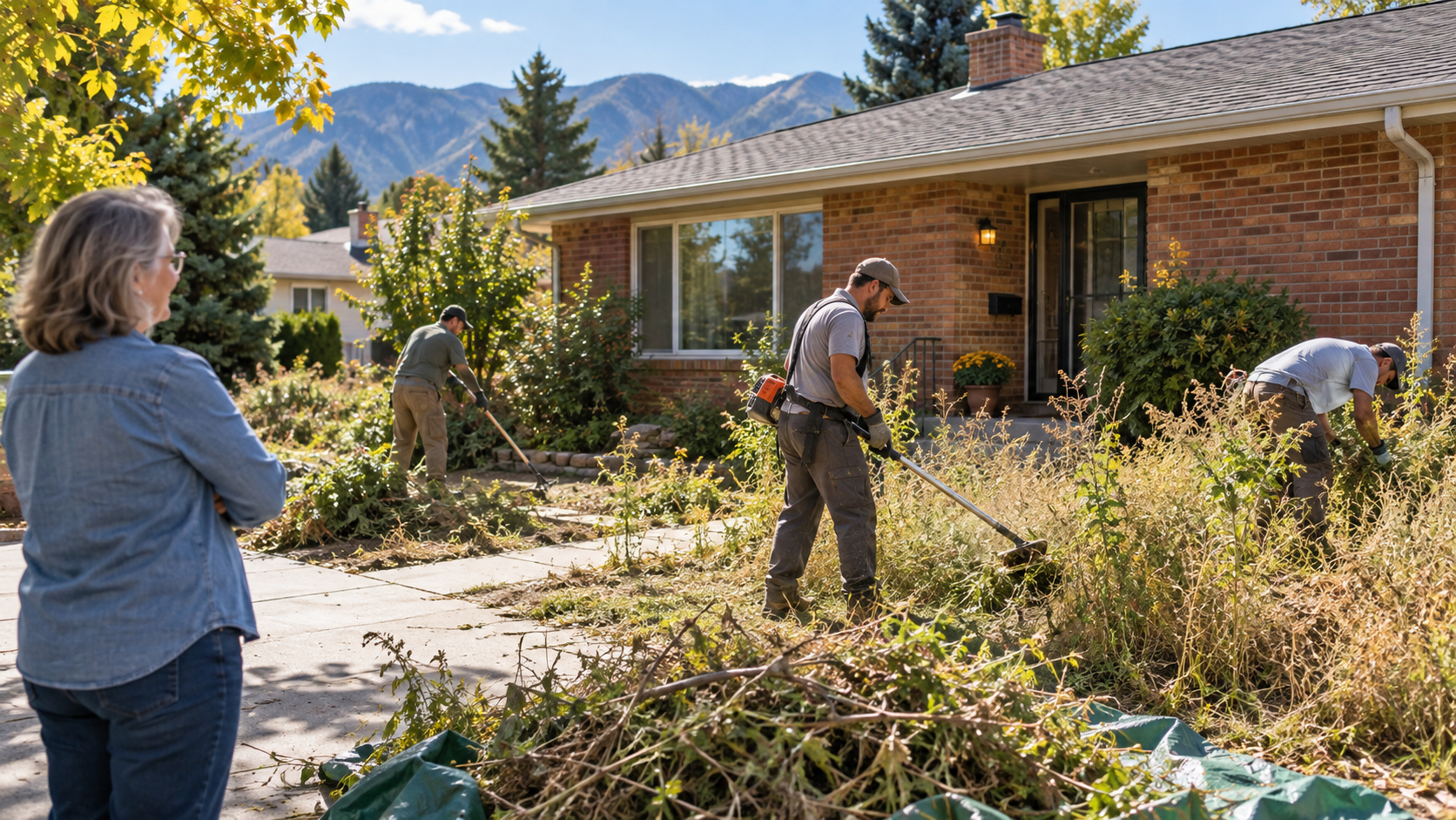 Illustrative example of workers cleaning up an overgrown Colorado senior transition property before the home is prepared for sale.