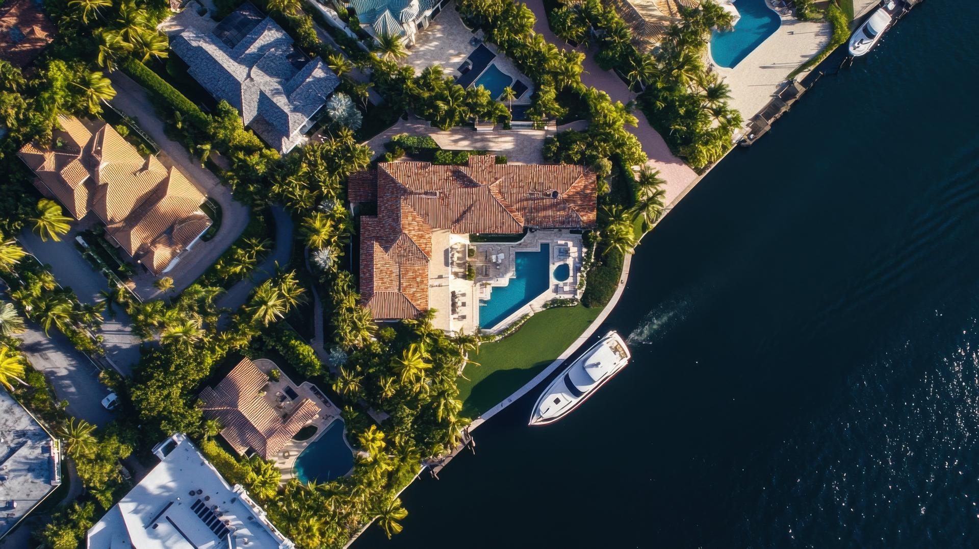 Aerial view of luxury waterfront homes and boating in Fort Lauderdale