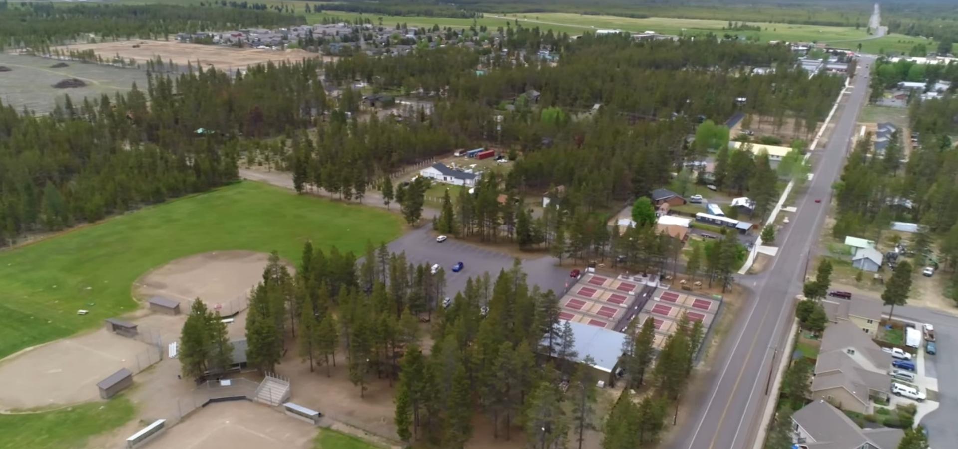 Aerial view of Finley Butte Park in La Pine Oregon. Here you will find legendary pickle ball courts. Aerial view of Finley Butte Park in La Pine Oregon. Here you will find legendary pickle ball courts.