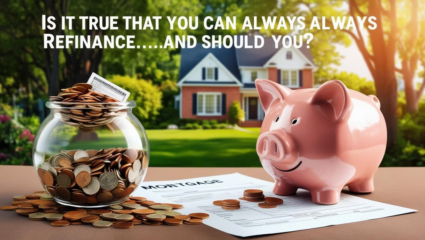 Piggy bank with coins in a fishbowl and house with trees in the background and text Is it True That you can always refinance and should you Piggy bank with coins in a fishbowl and house with trees in the background and text Is it True That you can always refinance and should you