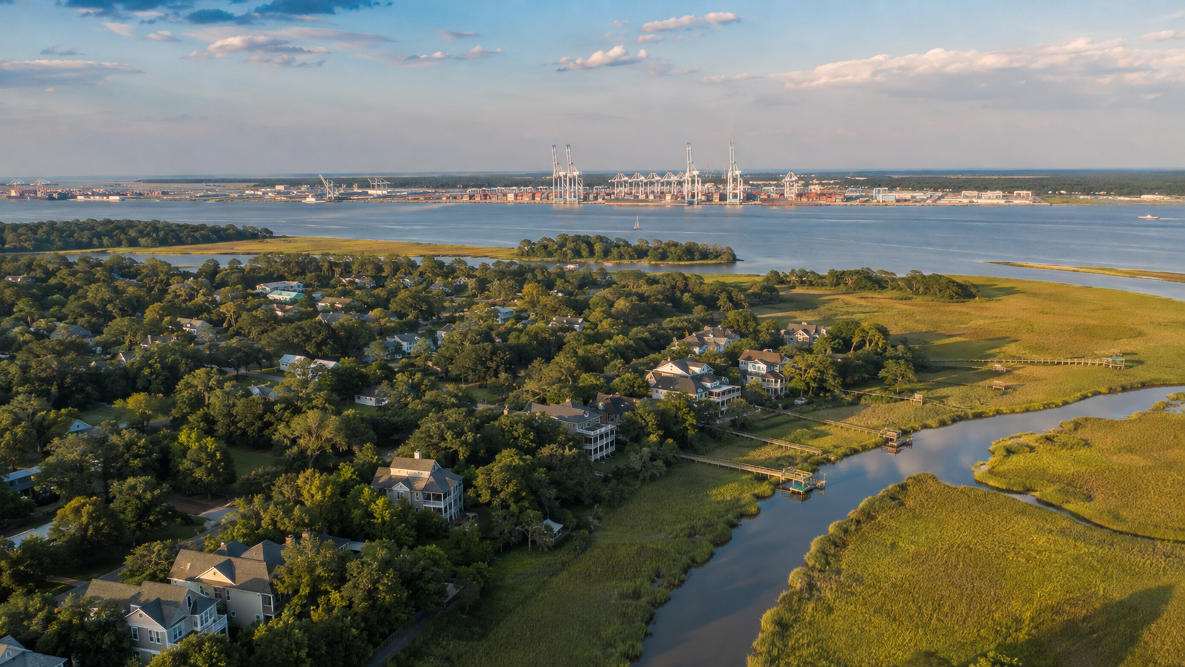 Daniel Island neighborhood and Lowcountry marsh near the Port of Charleston