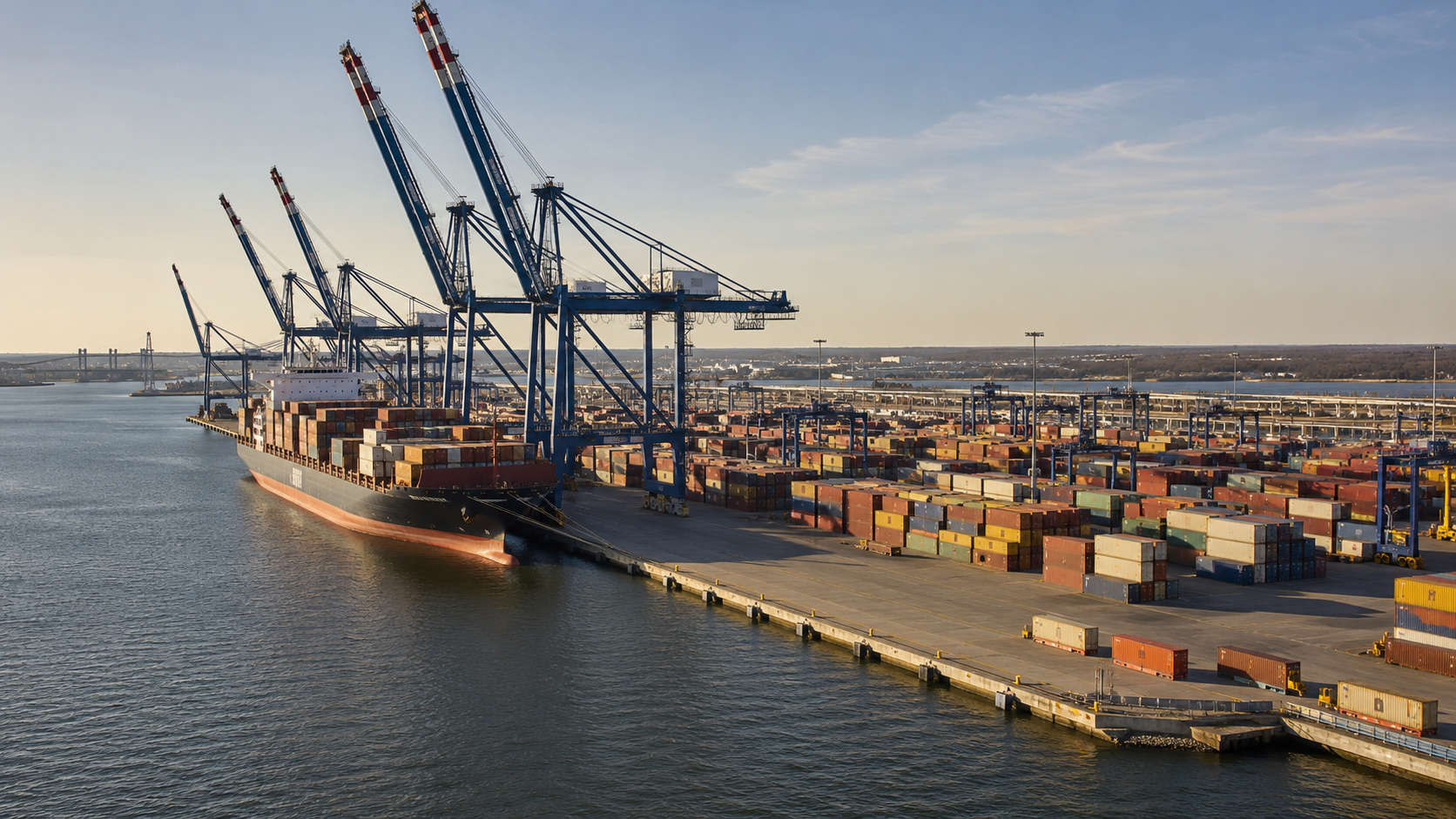 Daniel Island coastal landscape with Port of Charleston operations in the background
