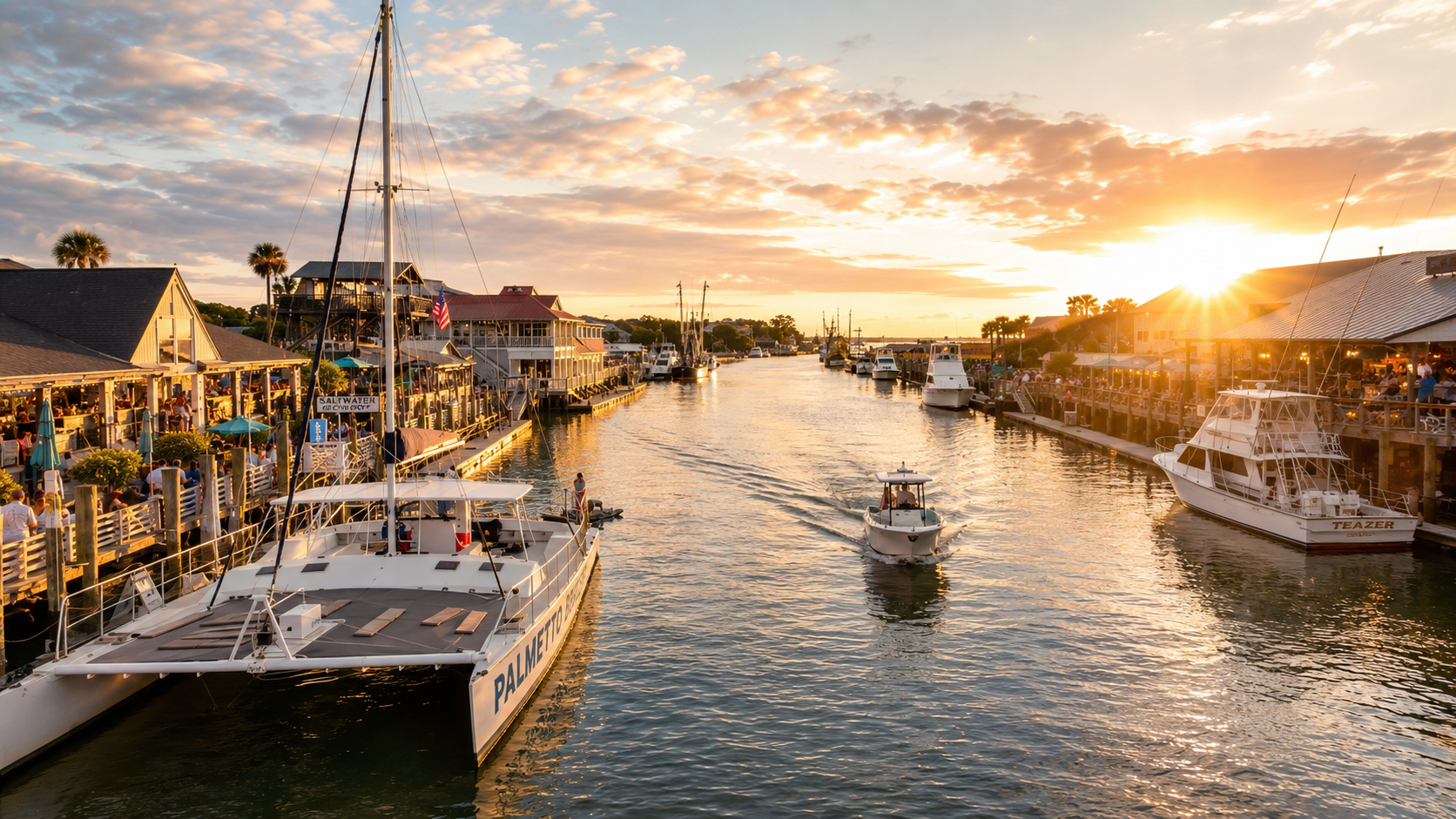 Boats, waterfront restaurants, and activity along Shem Creek in Mount Pleasant
