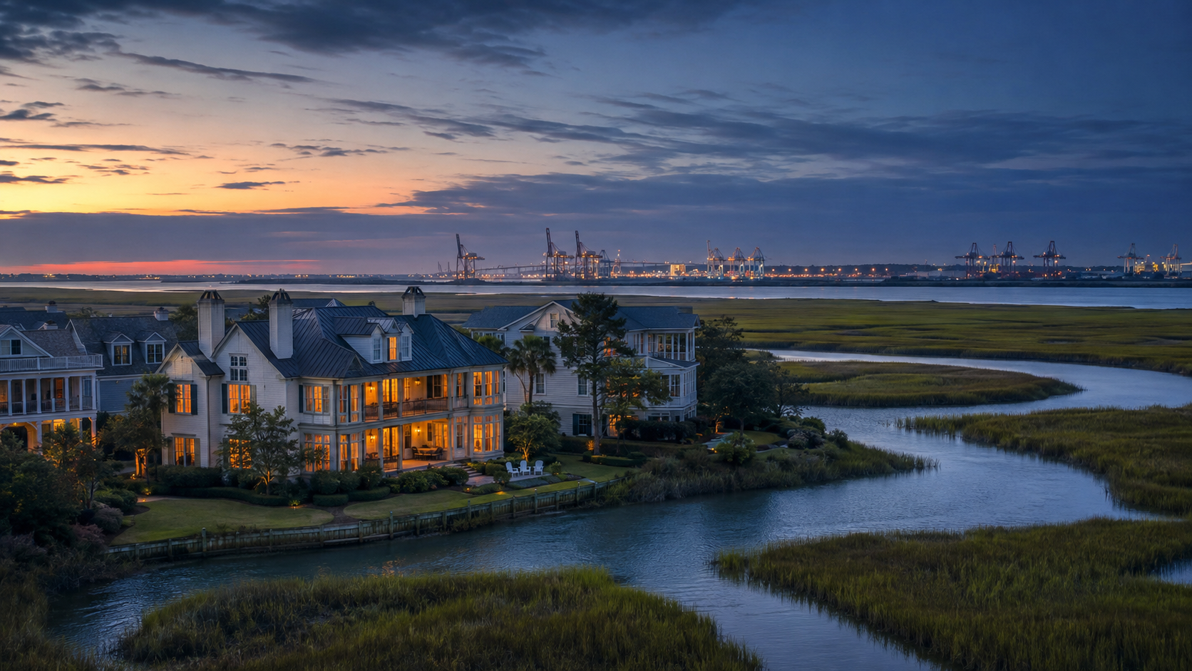 Daniel Island waterfront and marsh with Charleston port cranes beyond