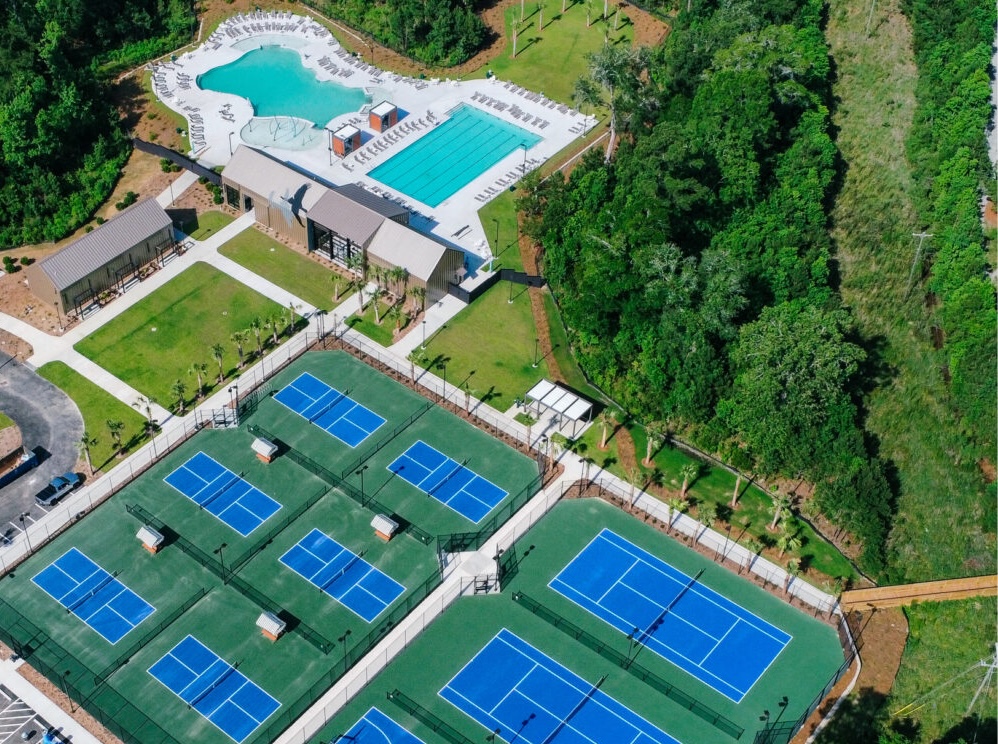 Aerial view of Doolittle Park swimming pools and tennis courts at Point Hope Charleston