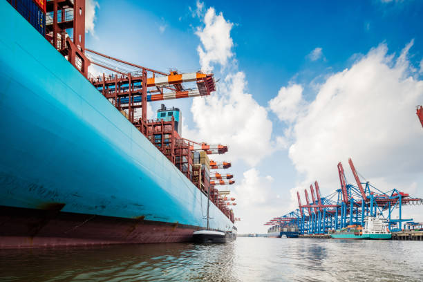 Container ship and cargo cranes illustrating port activity
