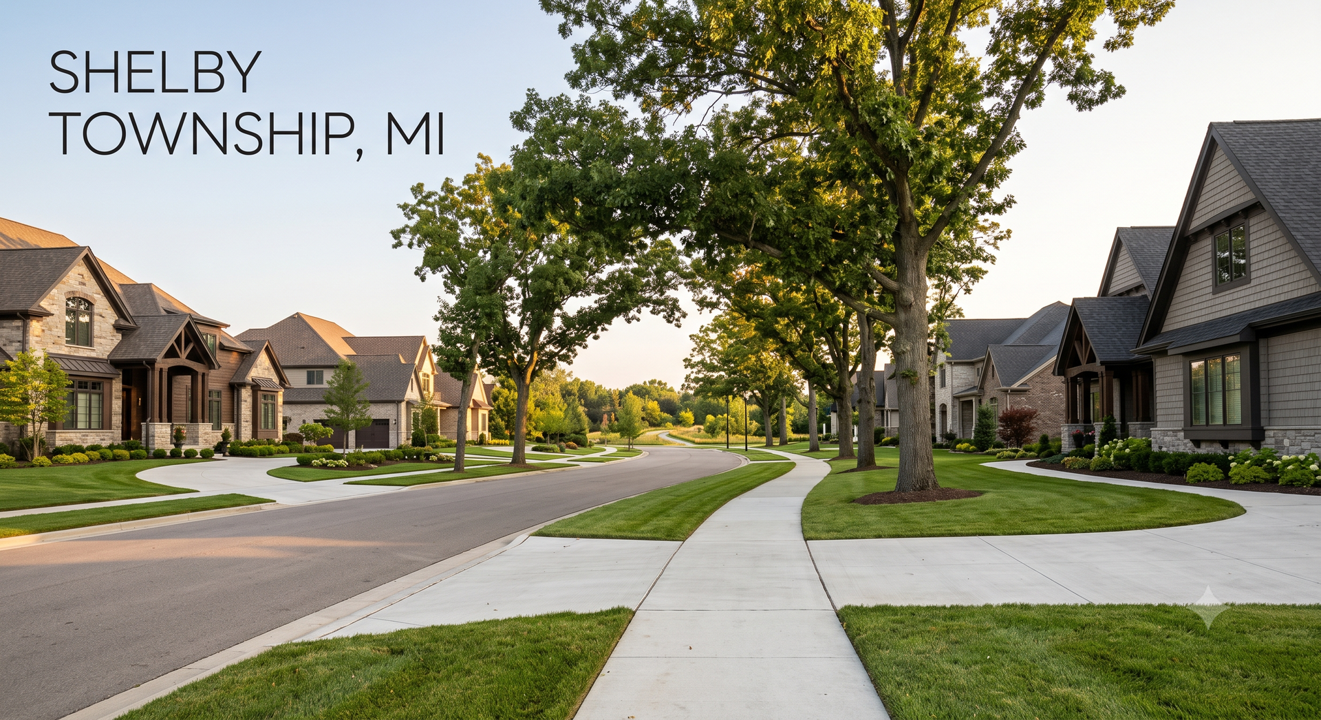 A high-end editorial real estate photograph displaying a beautiful, tree-lined suburban street with luxury homes in Shelby Township, Michigan, featuring a clean typographic text overlay in the upper corner reading 'SHELBY TOWNSHIP, MI', showcasing the local housing market from an Associate Real Estate Broker perspective.