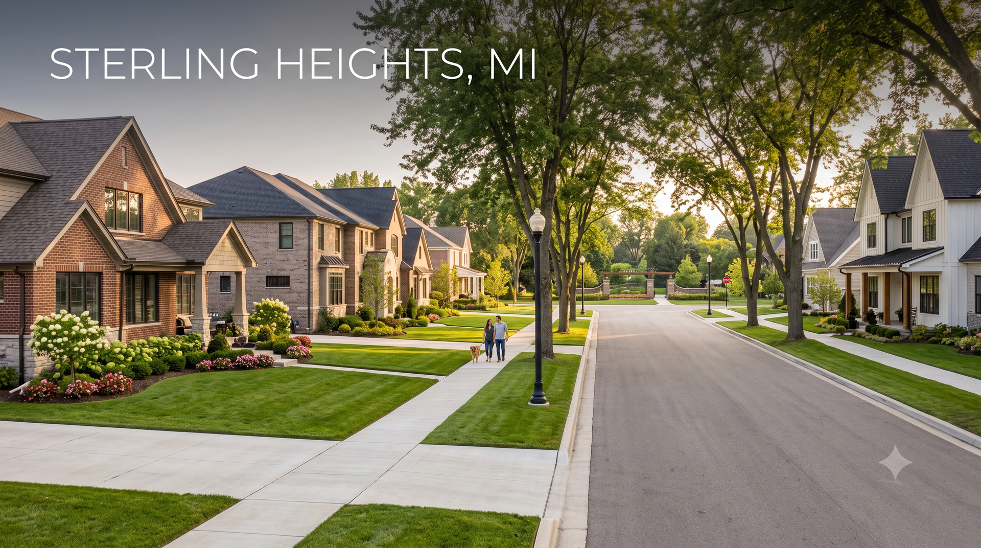 A high-end editorial photograph featuring a clean "Sterling Heights, MI" typographic text overlay, showcasing a pristine suburban neighborhood with luxury homes, manicured lawns, and mature trees, offering an expert look at the local housing market from an Associate Real Estate Broker perspective. A high-end editorial photograph featuring a clean "Sterling Heights, MI" typographic text overlay, showcasing a pristine suburban neighborhood with luxury homes, manicured lawns, and mature trees, offering an expert look at the local housing market from an Associate Real Estate Broker perspective.