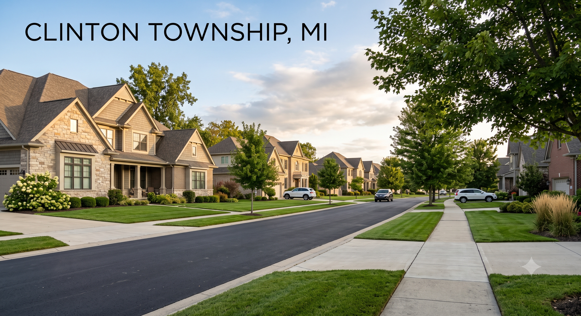 A high-end editorial photograph with a crisp "CLINTON TOWNSHIP, MI" text graphic overlay, showcasing upscale suburban homes, manicured lawns, and tree-lined streets, highlighting the vibrant local housing market from a premier Associate Real Estate Broker perspective. A high-end editorial photograph with a crisp "CLINTON TOWNSHIP, MI" text graphic overlay, showcasing upscale suburban homes, manicured lawns, and tree-lined streets, highlighting the vibrant local housing market from a premier Associate Real Estate Broker perspective.