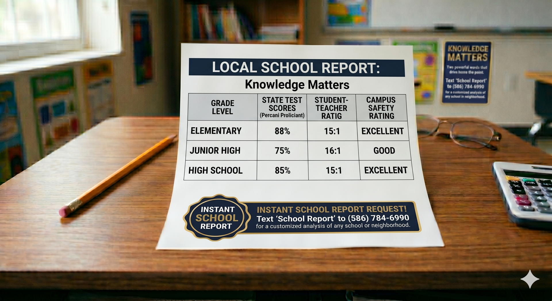 A sample local school report document resting on a wooden classroom desk next to a pencil, glasses, and a calculator. The document displays a data table titled "LOCAL SCHOOL REPORT: Knowledge Matters" featuring columns for grade levels (elementary, junior high, high school), state test scores, student-teacher ratios, and campus safety ratings. A bottom call-to-action banner prompts users to text "School Report" to (586) 784-6990 for a customized local analysis. A sample local school report document resting on a wooden classroom desk next to a pencil, glasses, and a calculator. The document displays a data table titled "LOCAL SCHOOL REPORT: Knowledge Matters" featuring columns for grade levels (elementary, junior high, high school), state test scores, student-teacher ratios, and campus safety ratings. A bottom call-to-action banner prompts users to text "School Report" to (586) 784-6990 for a customized local analysis.