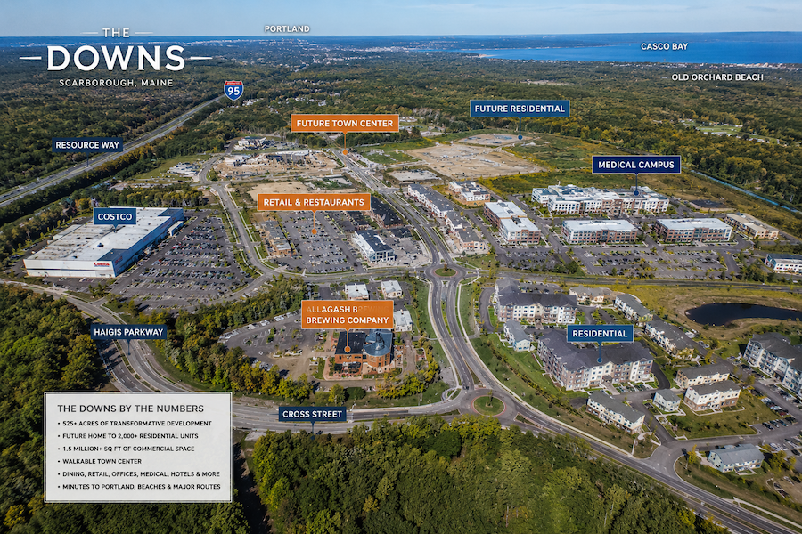 Aerial overview of The Downs Scarborough Maine development