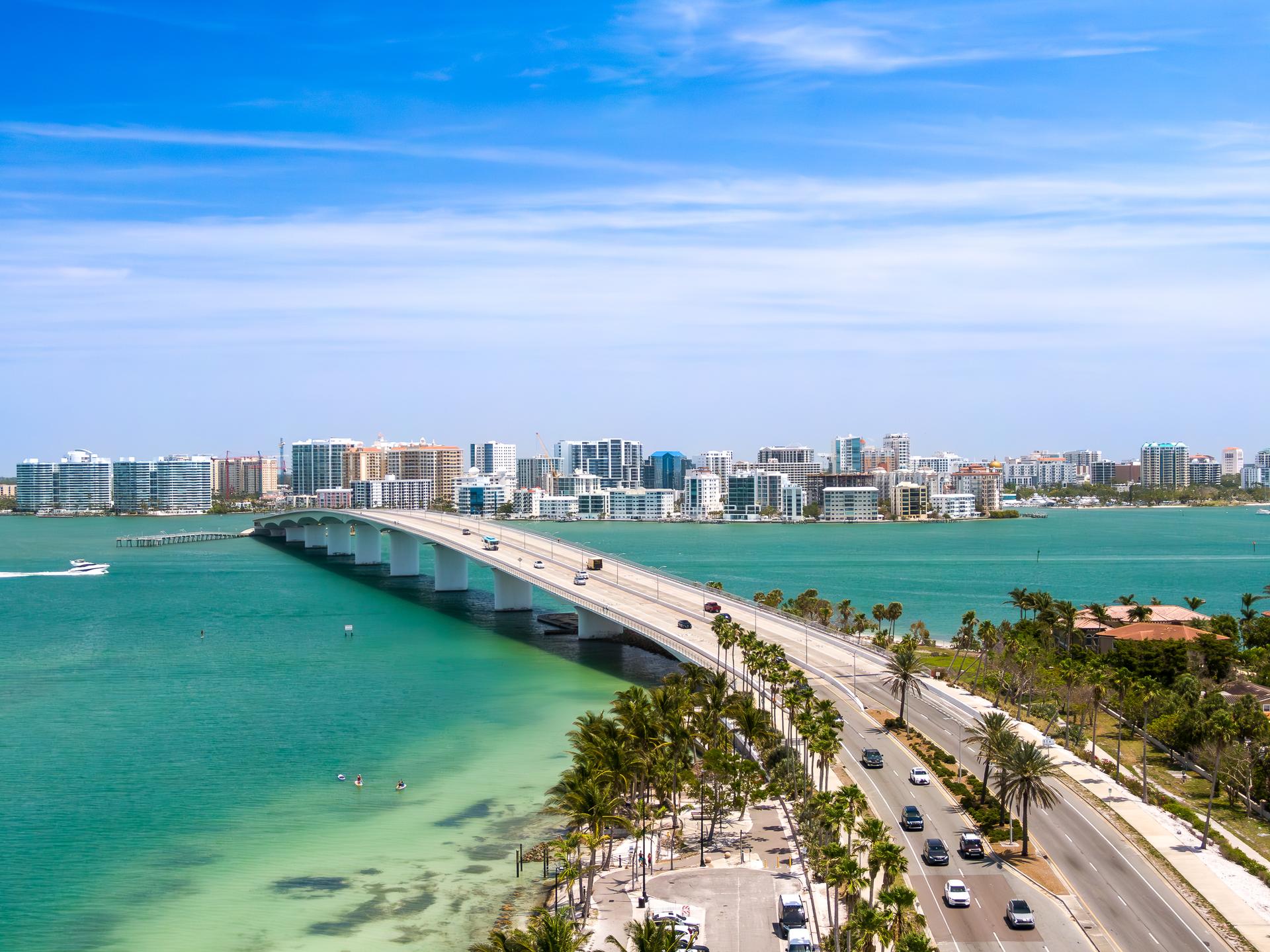 Downtown Sarasota skyline and the Ringling Bridge over Sarasota Bay, Florida